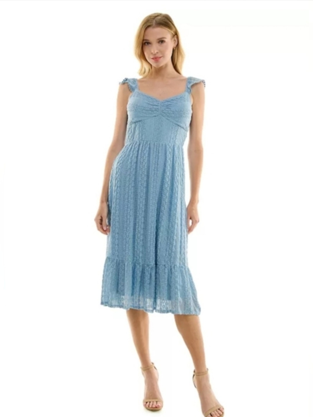 Lily Rose Baby Flutter Cap Sleeves  Dusty Blue Lace Midi Dress Size Small